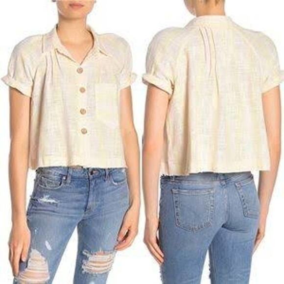 Free People Away At Sea Linen Frayed Button Yellow Short Sleeve Crop Top Small - Picture 2 of 13